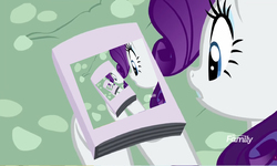 Size: 2500x1500 | Tagged: safe, edit, edited screencap, screencap, rarity, pony, unicorn, g4, it isn't the mane thing about you, discovery family logo, droste effect, female, inception, magazine cover rarity, mare, meme, recursion, solo