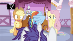 Size: 1324x740 | Tagged: safe, screencap, applejack, fluttershy, opalescence, rainbow dash, rarity, earth pony, pegasus, pony, unicorn, g4, it isn't the mane thing about you, discovery family logo, facewing, female, mare, raribald, shocked, tv-y, varying degrees of do not want