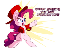 Size: 1800x1500 | Tagged: safe, artist:heir-of-rick, pinkie pie, earth pony, pony, g4, bipedal, christianity, clothes, female, hat, mare, monty python, open mouth, simple background, solo, spanish inquisition
