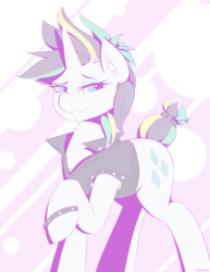 Size: 1100x1425 | Tagged: safe, artist:thebatfang, rarity, pony, unicorn, g4, it isn't the mane thing about you, abstract background, alternate hairstyle, clothes, female, mare, raised hoof, raripunk, smiling, solo