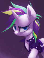 Size: 960x1280 | Tagged: safe, artist:grissaecrim, rarity, pony, unicorn, g4, it isn't the mane thing about you, alternate hairstyle, cute, dreamworks face, female, grin, looking at you, mare, raribetes, raripunk, simple background, smiling, solo, that was fast
