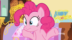 Size: 1920x1080 | Tagged: safe, screencap, pinkie pie, earth pony, pony, g4, it isn't the mane thing about you, :t, discovery family logo, female, mare, shrug, shrugpony, solo, sugarcube corner