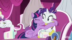 Size: 1236x690 | Tagged: safe, screencap, opalescence, rarity, twilight sparkle, alicorn, pony, unicorn, g4, it isn't the mane thing about you, alternate hairstyle, clothes, couch, cuddling, cute, discovery family logo, fainting couch, female, floppy ears, food, hug, ice cream, mare, punk, raribetes, raripunk, robe, twiabetes, twilight sparkle (alicorn)