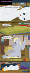 Size: 4353x10361 | Tagged: safe, artist:toxic-mario, derpy hooves, rarity, hybrid, pegasus, pony, unicorn, comic:toxic-mario's derpfire shipwreck, g4, it isn't the mane thing about you, absurd resolution, back, barrel, book, cabinet, comic, comments locked down, cookbook, cooking, cutie mark, drama, duckery in the comments, female, flour bag, food, giant pony, grill, hairstyle, lying down, mane of fire, mare, new style, on side, pot, sitting, tomato