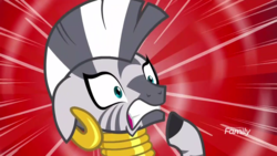 Size: 1280x720 | Tagged: safe, screencap, zecora, zebra, g4, it isn't the mane thing about you, discovery family logo, female, floppy ears, shocked, solo