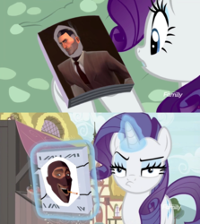 Size: 913x1024 | Tagged: safe, rarity, pony, unicorn, g4, it isn't the mane thing about you, my little pony: friendship is magic, book, discovery family logo, exploitable, exploitable meme, female, magazine, magazine cover rarity, mare, mask, meme, spy, spy (tf2), team fortress 2