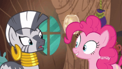 Size: 410x231 | Tagged: safe, screencap, pinkie pie, zecora, pony, zebra, g4, it isn't the mane thing about you, animated, coiling, concerned, discovery family logo, elastic, female, gif, impossibly long neck, pinkie being pinkie, pinkie physics, ponies are stretchy, scared, spiral, stretchy, twisted neck