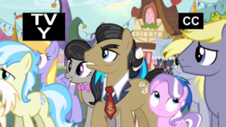 Size: 1366x768 | Tagged: safe, screencap, cloud kicker, cultivar, derpy hooves, diamond tiara, dj pon-3, filthy rich, octavia melody, stormfeather, vinyl scratch, earth pony, pegasus, pony, g4, it isn't the mane thing about you, my little pony: friendship is magic, dollar sign, female, filly, foal, male, mare, stallion, tv-y