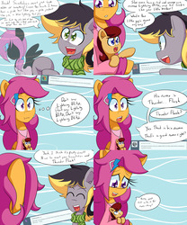 Size: 2000x2400 | Tagged: safe, artist:jake heritagu, scootaloo, oc, oc:aero, oc:lightning blitz, pegasus, pony, comic:ask motherly scootaloo, g4, ask, baby, baby pony, clothes, colt, comic, dialogue, hairpin, high res, male, motherly scootaloo, offspring, parent:derpy hooves, parent:oc:warden, parent:rain catcher, parent:scootaloo, parents:canon x oc, parents:catcherloo, parents:warderp, scarf, speech bubble, sweatshirt
