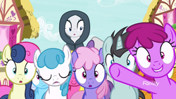 Size: 1920x1080 | Tagged: safe, screencap, berry punch, berryshine, bon bon, carrot top, cherry berry, golden harvest, lightning bolt, linky, neon lights, rainbowshine, rarity, rising star, shoeshine, sweetie drops, white lightning, earth pony, pony, unicorn, g4, it isn't the mane thing about you, cloak, clothes, discovery family logo, female, lip bite, male, mare, stallion