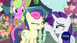 Size: 1279x719 | Tagged: safe, screencap, bon bon, daisy, flower wishes, rarity, roseluck, sweetie drops, earth pony, pony, unicorn, g4, it isn't the mane thing about you, boop, boop bon, discovery family logo, female, flower, mare