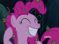 Size: 1457x1080 | Tagged: safe, screencap, pinkie pie, earth pony, pony, g4, it isn't the mane thing about you, cropped, discovery family logo, female, mare, smiling, solo
