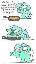 Size: 424x745 | Tagged: safe, artist:jargon scott, lyra heartstrings, pony, unicorn, g4, background pony, cartoon physics, chocolate chips, comic, cookie, department of redundancy department, dialogue, drool, eating, female, food, frying pan, impossible fit, l.u.l.s., silly, silly pony, simple background, solo, white background