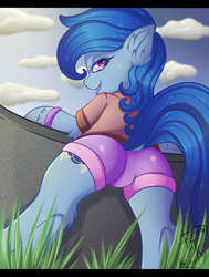 Size: 2800x3700 | Tagged: safe, artist:fkk, oc, oc only, oc:raylanda, earth pony, pony, bracelet, butt, clothes, cloud, cute, ear fluff, female, grass, high res, jewelry, looking at you, looking back, plot, shirt, shorts, smiling, solo, t-shirt, ych result