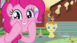 Size: 1279x719 | Tagged: safe, screencap, pinkie pie, pound cake, pumpkin cake, earth pony, pegasus, pony, unicorn, g4, it isn't the mane thing about you, candle, cupcake, cute, diapinkes, discovery family logo, female, food, looking at you, mare, smiling, squishy cheeks