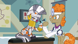 Size: 1280x720 | Tagged: safe, screencap, doctor muffin top, zecora, earth pony, pony, zebra, a health of information, bubble, coughing, discovery family logo, ear piercing, earring, female, jewelry, leg rings, male, mare, neck rings, piercing, sick, spots, stallion, stethoscope, swamp fever