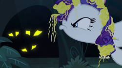 Size: 1277x717 | Tagged: safe, screencap, rarity, pony, unicorn, g4, it isn't the mane thing about you, discovery family logo, duckface, everfree forest, eyes in the dark, female, glowing eyes, mare