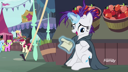 Size: 1279x719 | Tagged: safe, screencap, daisy, flower wishes, lily, lily valley, rarity, roseluck, earth pony, pony, unicorn, g4, it isn't the mane thing about you, alternate hairstyle, animation error, discovery family logo, female, flower, mare, punk, raripunk, scroll