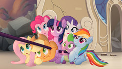 Size: 1777x1000 | Tagged: safe, screencap, applejack, fluttershy, pinkie pie, rainbow dash, rarity, spike, twilight sparkle, alicorn, dragon, earth pony, pegasus, pony, unicorn, g4, my little pony: the movie, canterlot, cute, destroyed building, female, male, mane seven, mane six, mare, one of these things is not like the others, rubble, scared, smiling, staff, staff of sacanas, twiabetes, twilight sparkle (alicorn), varying degrees of want