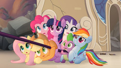 Size: 1777x1000 | Tagged: safe, screencap, applejack, fluttershy, pinkie pie, rainbow dash, rarity, spike, twilight sparkle, alicorn, dragon, earth pony, pegasus, pony, unicorn, g4, my little pony: the movie, canterlot, cute, destroyed building, female, male, mane seven, mane six, mare, one of these things is not like the others, rubble, scared, smiling, staff, staff of sacanas, twiabetes, twilight sparkle (alicorn), varying degrees of want, wingless spike