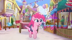 Size: 1777x1000 | Tagged: safe, screencap, concord grape, mochaccino, pinkie pie, rare find, earth pony, pony, g4, my little pony: the movie, background pony, balloon, canterlot, canterlot shopkeep, cart, cute, diapinkes, female, male, mare, open mouth, stallion, unnamed character, unnamed pony