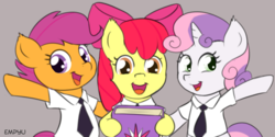 Size: 1000x500 | Tagged: safe, artist:empyu, apple bloom, scootaloo, sweetie belle, earth pony, pegasus, pony, unicorn, g4, book, clothes, cutie mark crusaders, gray background, hoof hold, looking at you, mormons, necktie, shirt, simple background, smiling, the book of mormon, trio