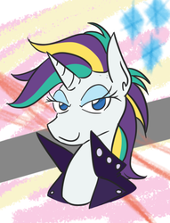 Size: 391x512 | Tagged: safe, artist:jargon scott, rarity, pony, unicorn, g4, it isn't the mane thing about you, abstract background, alternate hairstyle, bust, clothes, female, lidded eyes, looking at you, mare, mohawk, no pupils, portrait, raripunk, smiling, solo