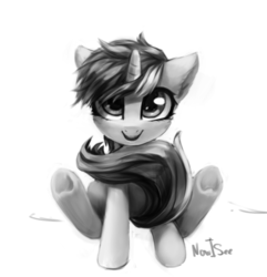 Size: 850x882 | Tagged: safe, artist:inowiseei, lyra heartstrings, pony, unicorn, g4, cute, female, looking at you, mare, monochrome, simple background, sitting, smiling, solo, underhoof