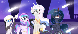 Size: 2433x1067 | Tagged: safe, artist:velveagicsentryyt, oc, oc only, oc:chryssa, oc:moonlight sonata, oc:mysterilestia, oc:soft skills, alicorn, draconequus, hybrid, pony, interspecies offspring, night, offspring, parent:discord, parent:fluttershy, parent:princess celestia, parents:discoshy, parents:dislestia