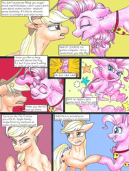 Size: 3000x4000 | Tagged: safe, artist:tillie-tmb, applejack, pinkie pie, pony, comic:the amulet of shades, g4, apron, chibi, clothes, comic, high res, traditional art