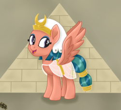 Size: 1600x1450 | Tagged: safe, artist:liniitadash23, somnambula, pegasus, pony, daring done?, g4, clothes, cute, egyptian headdress, female, headdress, mare, movie accurate, open mouth, pyramid, see-through, show accurate, smiling, solo, somnambetes, spread wings, wings