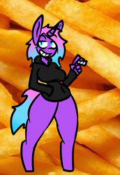 Size: 494x718 | Tagged: safe, artist:retrotendo, oc, oc only, unicorn, anthro, unguligrade anthro, bottomless, clothes, food, french fries, grin, hoodie, partial nudity, smiling, smoking, solo
