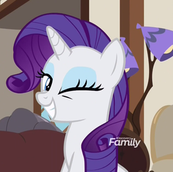 Size: 655x649 | Tagged: safe, screencap, rarity, pony, unicorn, g4, it isn't the mane thing about you, cropped, cute, discovery family logo, female, mare, one eye closed, raribetes, solo, wink