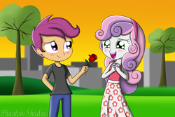 Size: 1024x683 | Tagged: safe, artist:phantomshadow051, scootaloo, sweetie belle, human, equestria girls, g4, adventure in the comments, blushing, cute, cutealoo, diasweetes, female, flower, lesbian, open mouth, park, rose, ship:scootabelle, shipping, story in the comments, sunset