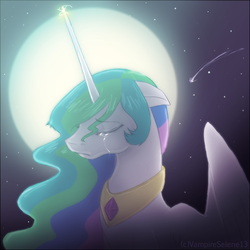 Size: 800x800 | Tagged: safe, artist:vampireselene13, princess celestia, alicorn, pony, g4, crying, eyes closed, female, glowing horn, horn, magic, moon, night, sad, solo