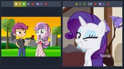 Size: 488x271 | Tagged: safe, rarity, scootaloo, sweetie belle, pony, unicorn, derpibooru, equestria girls, g4, female, juxtaposition, juxtaposition win, lesbian, mare, meme, meta, one eye closed, ship:scootabelle, shipper on deck, shipperity, shipping, wink