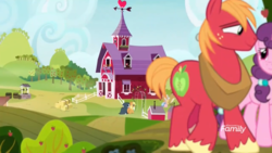 Size: 1366x768 | Tagged: safe, screencap, applejack, big macintosh, granny smith, rarity, sugar belle, earth pony, pony, unicorn, g4, it isn't the mane thing about you, my little pony: friendship is magic, continuity, couple, discovery family logo, female, male, mare, ship:sugarmac, shipping, stallion, straight, sweet apple acres