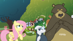 Size: 1366x768 | Tagged: safe, screencap, fluttershy, harry, rarity, bear, bird, mouse, pegasus, pony, squirrel, unicorn, woodpecker, g4, it isn't the mane thing about you, my little pony: friendship is magic, discovery family logo, female, mare, wig