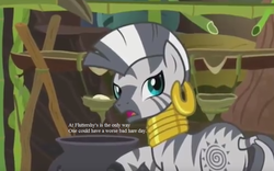 Size: 1000x625 | Tagged: safe, edit, edited screencap, editor:korora, screencap, zecora, zebra, g4, it isn't the mane thing about you, my little pony: friendship is magic, cauldron, cropped, implied angel bunny, looking back, pun, text, zecora's hut