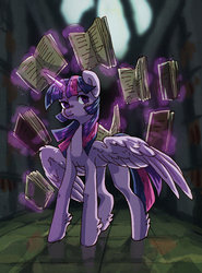 Size: 1300x1753 | Tagged: safe, artist:koviry, twilight sparkle, alicorn, pony, g4, book, bookhorse, female, levitation, library, looking at you, magic, mare, solo, spread wings, telekinesis, twilight sparkle (alicorn), unshorn fetlocks, wing fluff, wings