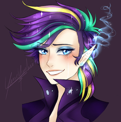 Size: 3946x4000 | Tagged: safe, artist:yumeyuuheii, rarity, human, g4, it isn't the mane thing about you, alternate hairstyle, bust, clothes, elf ears, eyeshadow, female, high res, humanized, looking at you, makeup, multicolored hair, raripunk, short hair, simple background, smiling, solo, unicorns as elves
