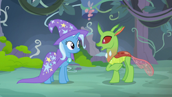 Size: 1280x720 | Tagged: safe, screencap, arista, trixie, changedling, changeling, pony, unicorn, g4, to change a changeling, background changeling, duo, female, mare, pointing