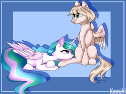 Size: 1280x960 | Tagged: safe, artist:kesuki, princess celestia, oc, oc:light knight, alicorn, pegasus, pony, g4, canon x oc, female, lightestia, male, pegasus oc, sitting, straight