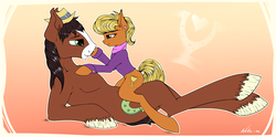 Size: 4000x1976 | Tagged: safe, artist:neko-me, ms. harshwhinny, trouble shoes, earth pony, pony, g4, commission, crack shipping, eye contact, female, looking at each other, male, shipping, smiling, straight, troublewhinny