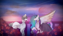 Size: 1920x1080 | Tagged: artist needed, source needed, safe, princess celestia, oc, oc:light knight, alicorn, pegasus, pony, g4, canon x oc, duo, female, flower, flower in mouth, lightestia, male, mouth hold, straight
