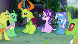 Size: 1280x720 | Tagged: safe, screencap, arista, clypeus, frenulum (g4), starlight glimmer, thorax, trixie, changedling, changeling, pony, unicorn, g4, to change a changeling, king thorax