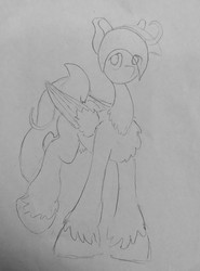 Size: 946x1280 | Tagged: dead source, safe, artist:andandampersand, oc, oc only, oc:cassaan, pegasus, pony, chest fluff, fluffy, monochrome, style emulation, traditional art, unshorn fetlocks, wip
