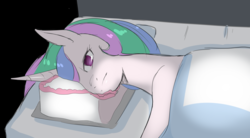 Size: 2846x1576 | Tagged: safe, artist:cold-blooded-twilight, princess celestia, alicorn, pony, g4, bed, cake, cakelestia, drawthread, empty eyes, female, food, frown, mare, ponified, solo