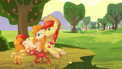 Size: 5333x3000 | Tagged: safe, artist:nivimonster, apple bloom, applejack, big macintosh, bright mac, pear butter, earth pony, pony, g4, season 7, the perfect pear, apple bloom's bow, apple siblings, baby, baby apple bloom, baby pony, bow, braid, brother and sister, colt, colt big macintosh, cowboy hat, cute, family, female, filly, filly applejack, foal, freckles, hair bow, hat, high res, husband and wife, male, open mouth, pigtails, ship:brightbutter, shipping, straight, younger