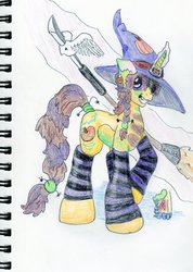 Size: 755x1059 | Tagged: dead source, safe, artist:andandampersand, oc, oc only, oc:pumpkin witch emily, pony, spider, unicorn, broom, candy, candy corn, clothes, food, hat, magic, signature, simple background, stockings, thigh highs, traditional art, white background, witch, witch hat
